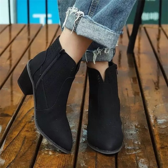 Black Laser Cutout Vegan Leather Heel Ankle Boots - Picture 2 of 8